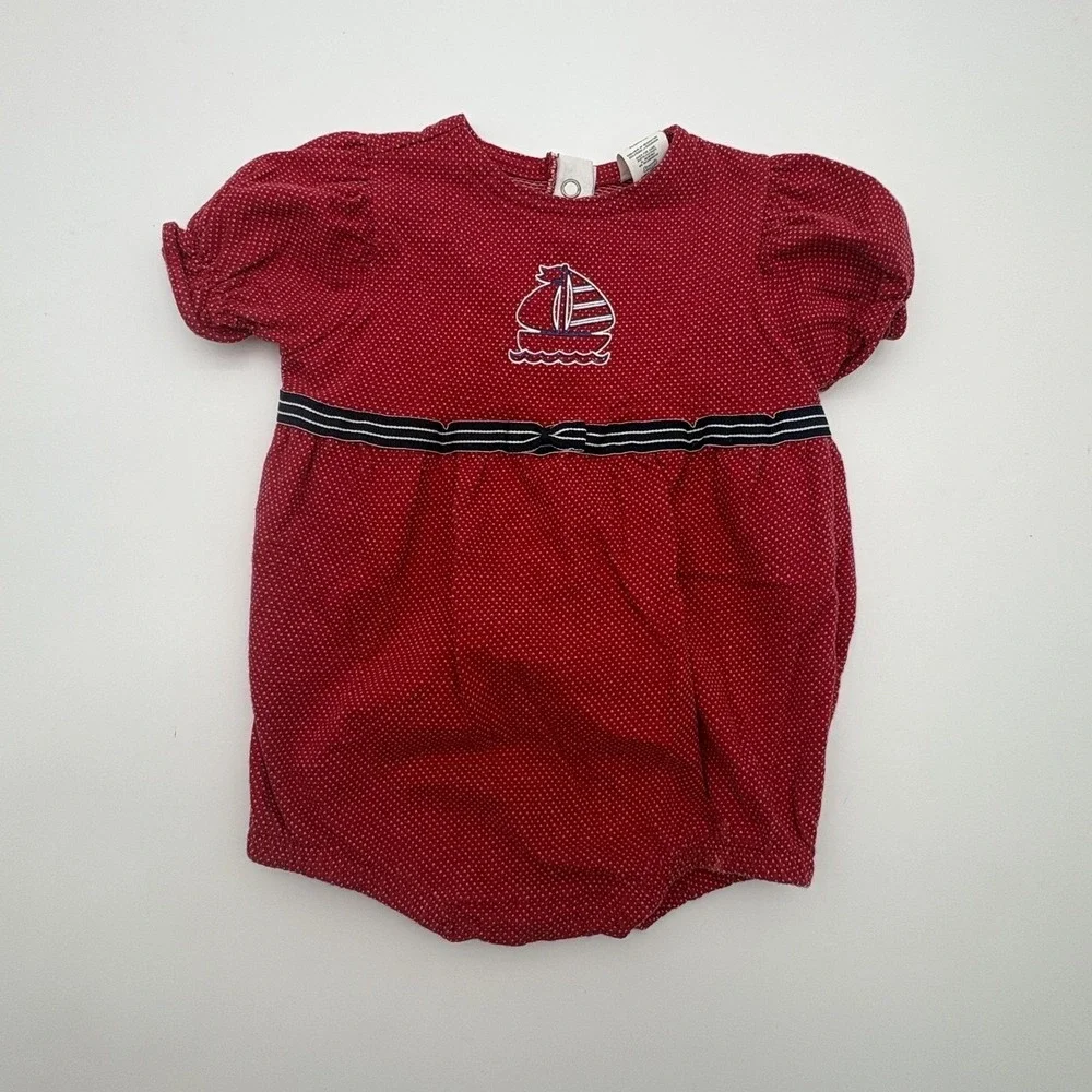 Healthtex Romper Girls 12-18M Red Polka Dot Knit Embroidered Crest One Piece